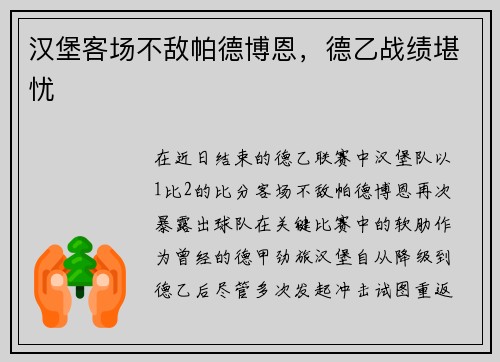 汉堡客场不敌帕德博恩，德乙战绩堪忧