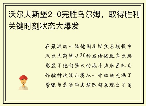 沃尔夫斯堡2-0完胜乌尔姆，取得胜利关键时刻状态大爆发